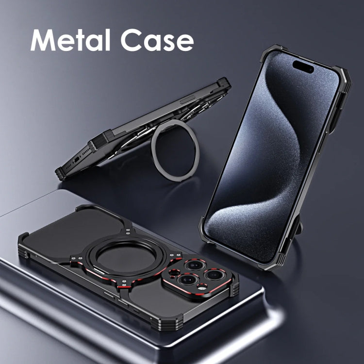 For iPhone 15 Mechanical Arm Borderless MagSafe Holder Metal Phone Case(Black Blue) - iPhone 15 Cases by buy2fix | Online Shopping UK | buy2fix