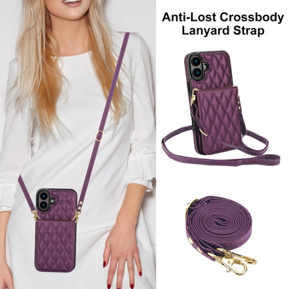 For iPhone 16 YM015 Crossbody Rhombic Card Bag RFID Phone Case(Dark Purple) - iPhone 16 Cases by buy2fix | Online Shopping UK | buy2fix