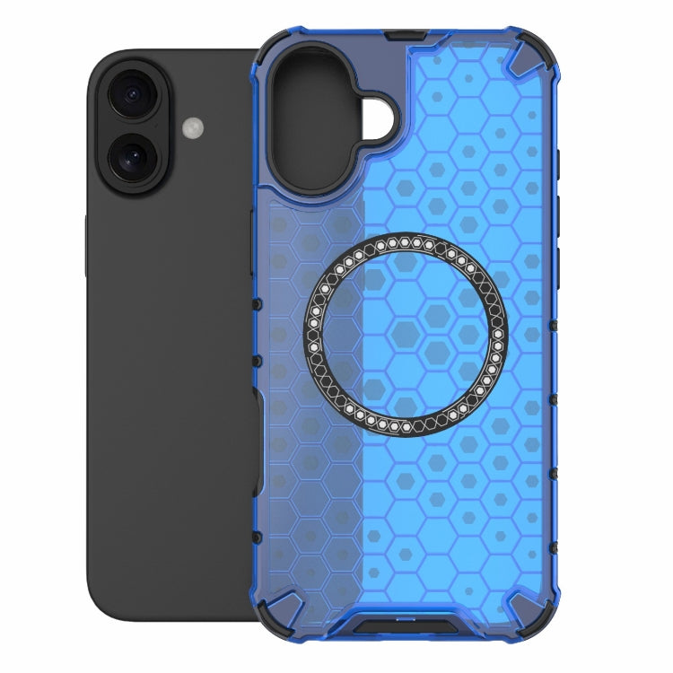 For iPhone 16 Plus Honeycomb Magnetic Ring Shockproof Phone Case(Blue) - iPhone 16 Plus Cases by buy2fix | Online Shopping UK | buy2fix