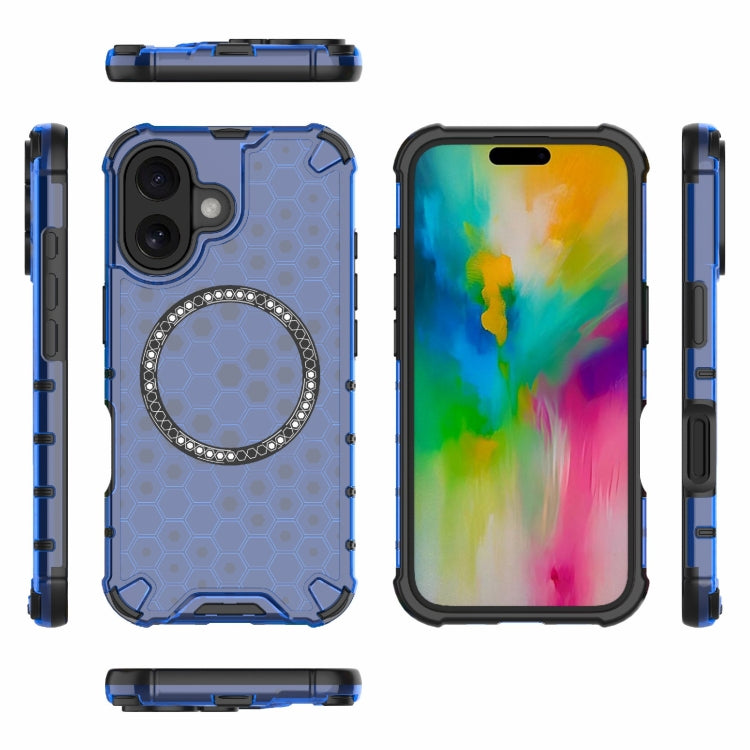 For iPhone 16 Honeycomb Magnetic Ring Shockproof Phone Case(Blue) - iPhone 16 Cases by buy2fix | Online Shopping UK | buy2fix