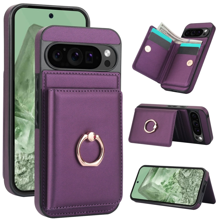 For Google Pixel 9 Pro XL RFID Anti-theft Card Ring Holder Phone Case(Dark Purple) - Google Cases by buy2fix | Online Shopping UK | buy2fix