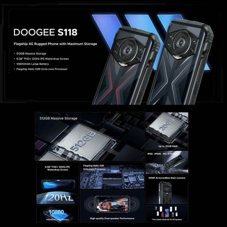 DOOGEE S118 Rugged Phone, 8GB+512GB, 6.58 inch Android 14 MediaTek Helio G99 Octa Core, Network: 4G, OTG, NFC(Black Red) - DOOGEE by DOOGEE | Online Shopping UK | buy2fix