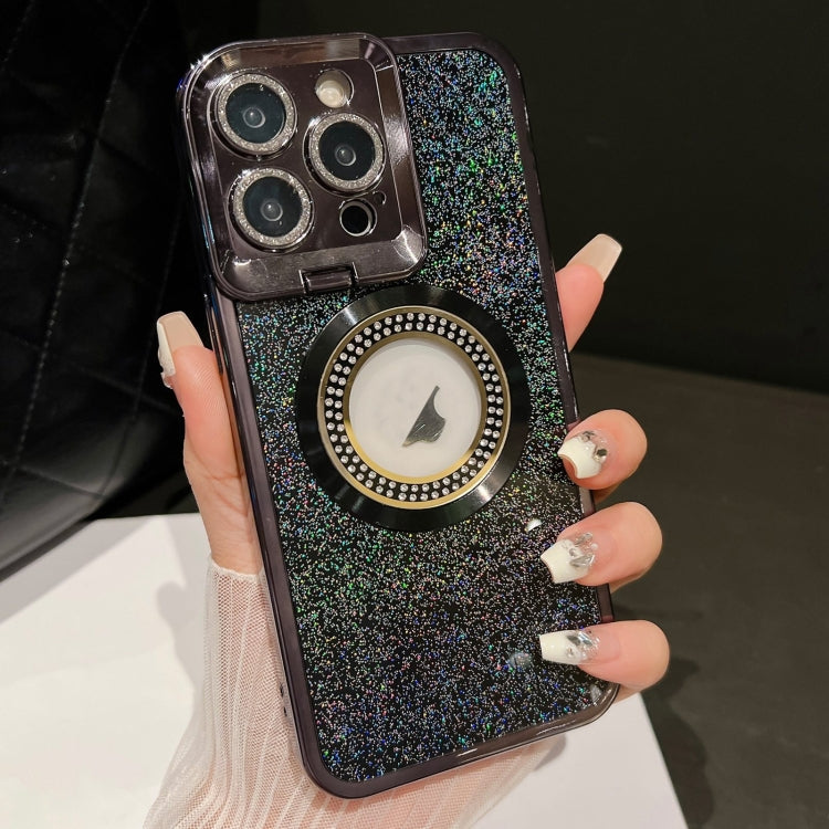 For iPhone 15 Pro Starry Glitter MagSafe Lens Holder Phone Case(Black) - iPhone 15 Pro Cases by buy2fix | Online Shopping UK | buy2fix