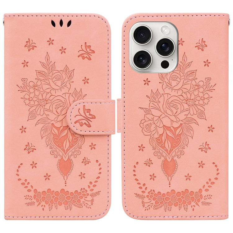 For iPhone 16 Pro Butterfly Rose Embossed Leather Phone Case(Pink) - iPhone 16 Pro Cases by buy2fix | Online Shopping UK | buy2fix