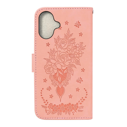 For iPhone 16 Plus Butterfly Rose Embossed Leather Phone Case(Pink) - iPhone 16 Plus Cases by buy2fix | Online Shopping UK | buy2fix