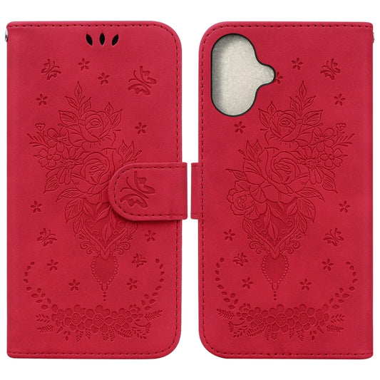 For iPhone 16 Butterfly Rose Embossed Leather Phone Case(Red) - iPhone 16 Cases by buy2fix | Online Shopping UK | buy2fix