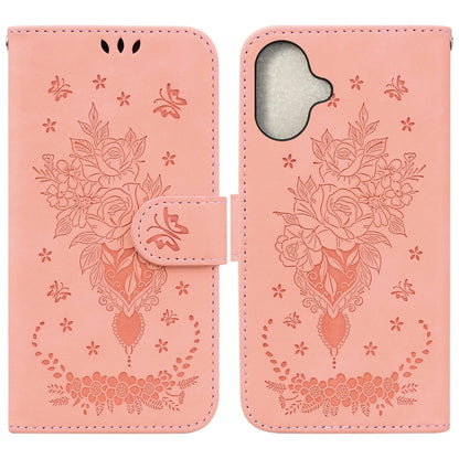 For iPhone 16 Butterfly Rose Embossed Leather Phone Case(Pink) - iPhone 16 Cases by buy2fix | Online Shopping UK | buy2fix