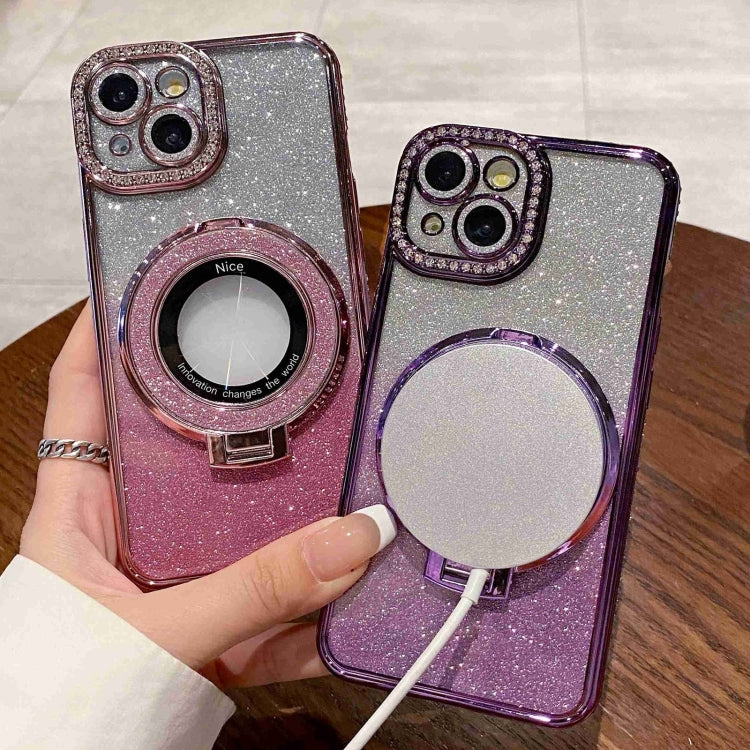 For iPhone 13 Gradient Glitter Diamond Plated Holder Magsafe Phone Case(Silver) - iPhone 13 Cases by buy2fix | Online Shopping UK | buy2fix