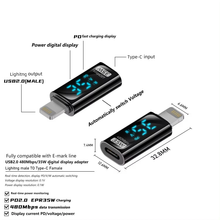 8 Pin Male to Type-C Female 35W Charging Adapter with Digital Display(Black) - Converter & Adapter by buy2fix | Online Shopping UK | buy2fix