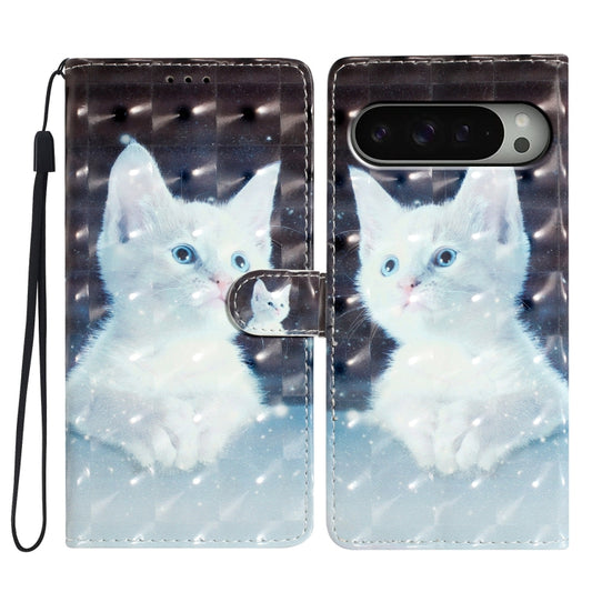 For Google Pixel 9 / 9 Pro 3D Pattern Leather Phone Case(White Cat) - Google Cases by buy2fix | Online Shopping UK | buy2fix