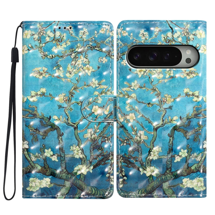 For Google Pixel 9 Pro XL 3D Pattern Leather Phone Case(Blue Base Apricot Flower) - Google Cases by buy2fix | Online Shopping UK | buy2fix