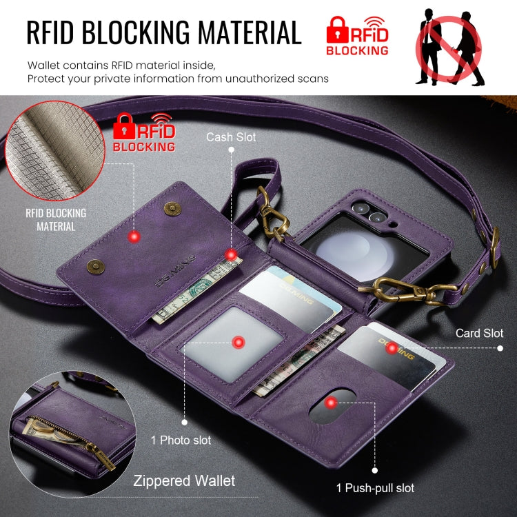 For Samsung Galaxy Z Flip5 5G DG.MING M5 Series Zip RFID Multi Card Detachable Leather Phone Case with Long Lanyard(Purple) - Galaxy Z Flip5 Cases by DG.MING | Online Shopping UK | buy2fix