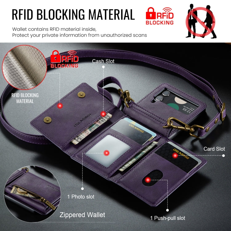 For Samsung Galaxy Z Flip3 5G DG.MING M5 Series Zip RFID Multi Card Detachable Leather Phone Case with Long Lanyard(Purple) - Galaxy Phone Cases by DG.MING | Online Shopping UK | buy2fix