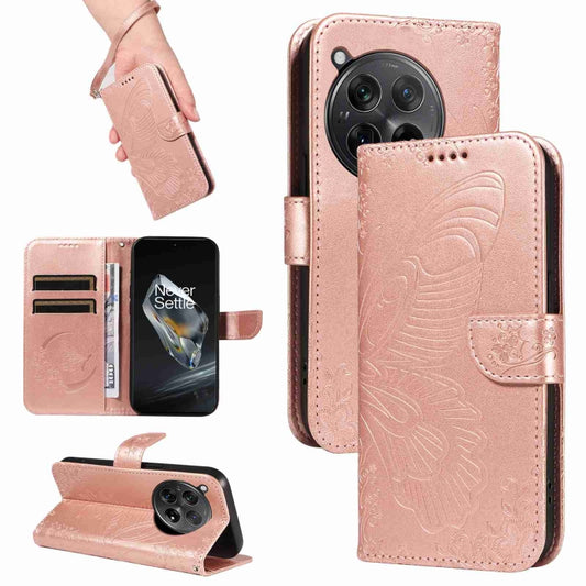 For OnePlus 12 Swallowtail Butterfly Embossed Leather Phone Case(Rose Gold) - OnePlus Cases by buy2fix | Online Shopping UK | buy2fix