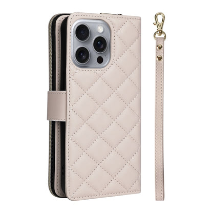 For iPhone 16 Pro Max Crossbody Rhombic Zipper Tower Buckle Leather Phone Case with Lanyard(Beige) - iPhone 16 Pro Max Cases by buy2fix | Online Shopping UK | buy2fix