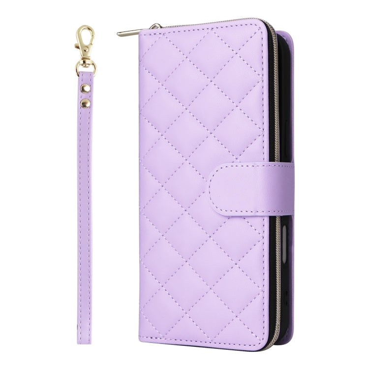 For iPhone 16 Plus Crossbody Rhombic Zipper Tower Buckle Leather Phone Case with Lanyard(Purple) - iPhone 16 Plus Cases by buy2fix | Online Shopping UK | buy2fix