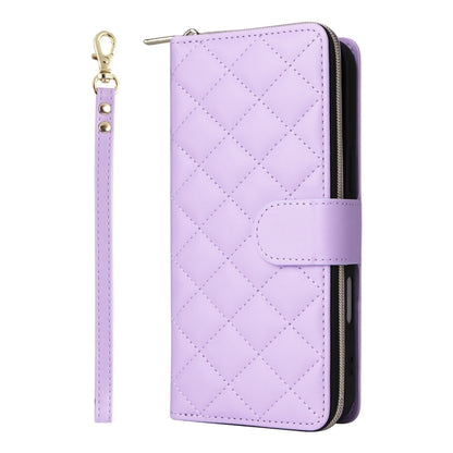 For iPhone 16 Plus Crossbody Rhombic Zipper Tower Buckle Leather Phone Case with Lanyard(Purple) - iPhone 16 Plus Cases by buy2fix | Online Shopping UK | buy2fix