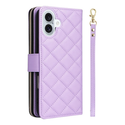 For iPhone 16 Plus Crossbody Rhombic Zipper Tower Buckle Leather Phone Case with Lanyard(Purple) - iPhone 16 Plus Cases by buy2fix | Online Shopping UK | buy2fix