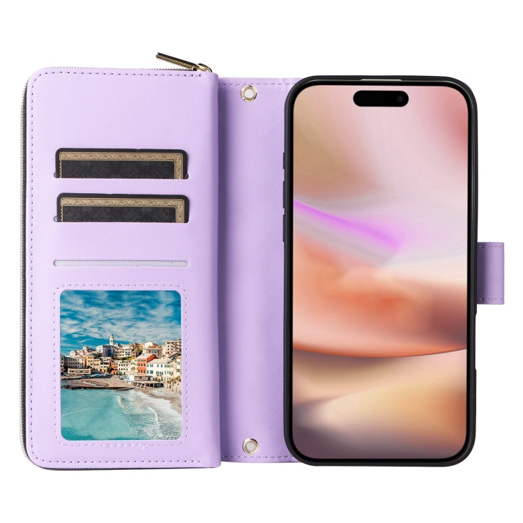 For iPhone 16 Plus Crossbody Rhombic Zipper Tower Buckle Leather Phone Case with Lanyard(Purple) - iPhone 16 Plus Cases by buy2fix | Online Shopping UK | buy2fix