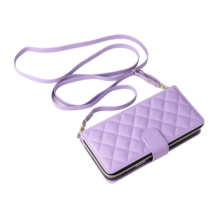 For iPhone 16 Plus Crossbody Rhombic Zipper Tower Buckle Leather Phone Case with Lanyard(Purple) - iPhone 16 Plus Cases by buy2fix | Online Shopping UK | buy2fix