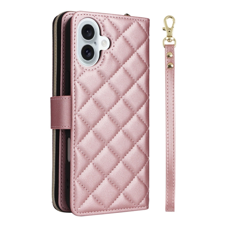 For iPhone 16 Plus Crossbody Rhombic Zipper Tower Buckle Leather Phone Case with Lanyard(Rose Gold) - iPhone 16 Plus Cases by buy2fix | Online Shopping UK | buy2fix