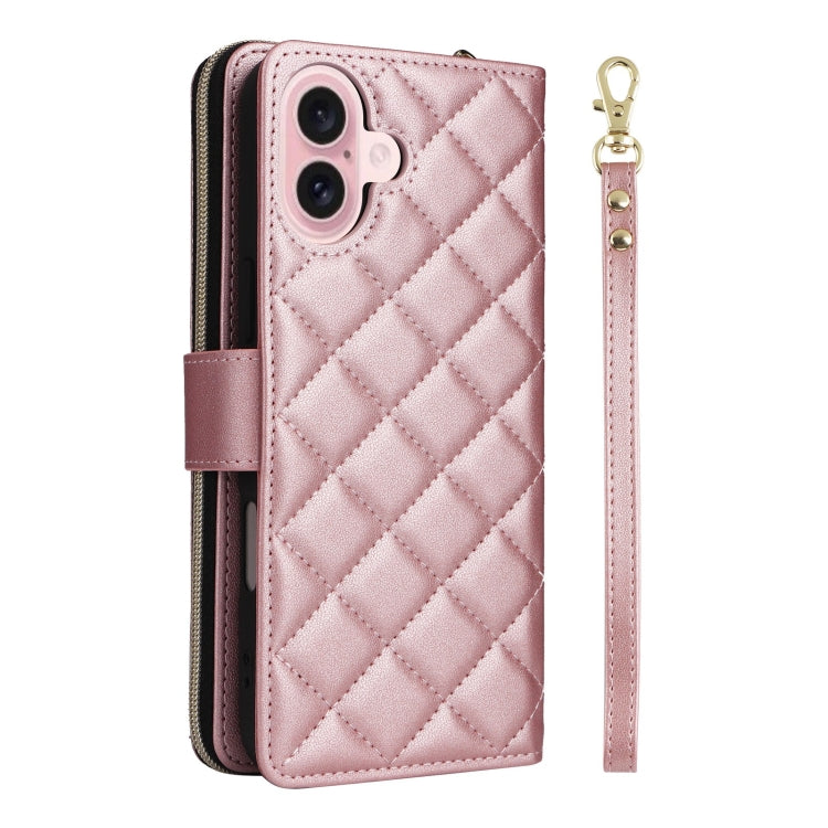 For iPhone 16 Crossbody Rhombic Zipper Tower Buckle Leather Phone Case with Lanyard(Rose Gold) - iPhone 16 Cases by buy2fix | Online Shopping UK | buy2fix