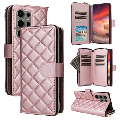 For Samsung Galaxy S25 Ultra 5G Crossbody Rhombic Zipper Tower Buckle Leather Phone Case with Lanyard(Rose Gold) - Galaxy S25 Ultra 5G Cases by buy2fix | Online Shopping UK | buy2fix