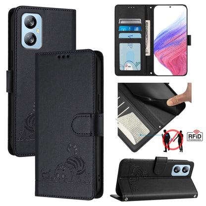 For Blackview A52 Cat Rat Embossed Pattern RFID Leather Phone Case with Lanyard(Black) - More Brand by buy2fix | Online Shopping UK | buy2fix