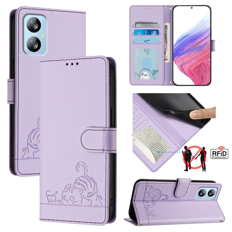 For Blackview A52 Cat Rat Embossed Pattern RFID Leather Phone Case with Lanyard(Purple) - More Brand by buy2fix | Online Shopping UK | buy2fix