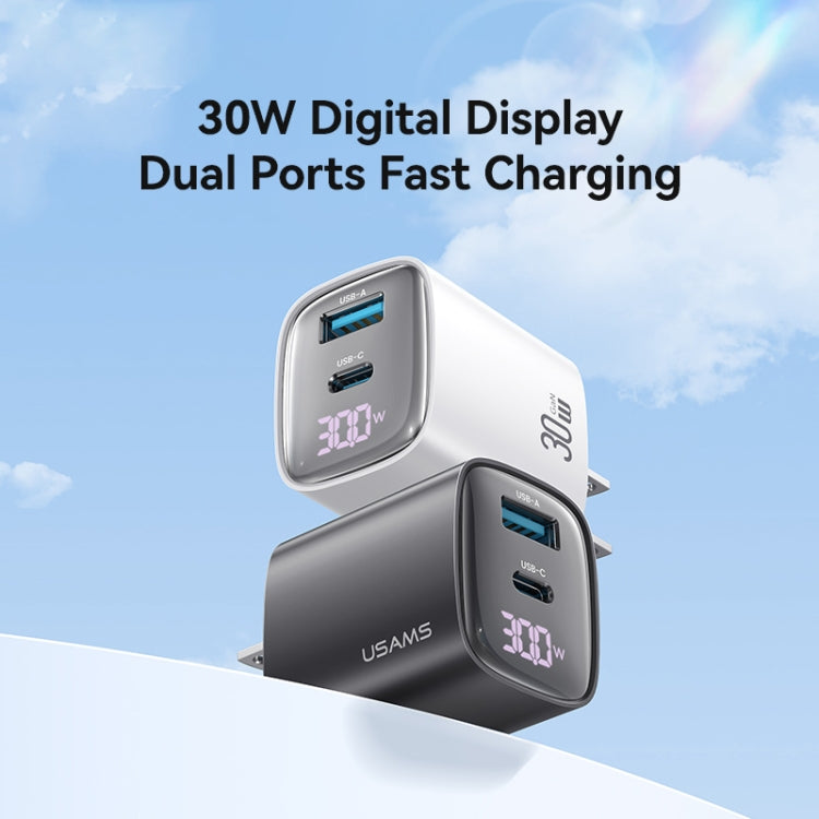 USAMS CC230 30W USB+USB-C / Type-C Dual Port GaN Digital Display Charger, Specifications: US Plug(White) - USB Charger by USAMS | Online Shopping UK | buy2fix