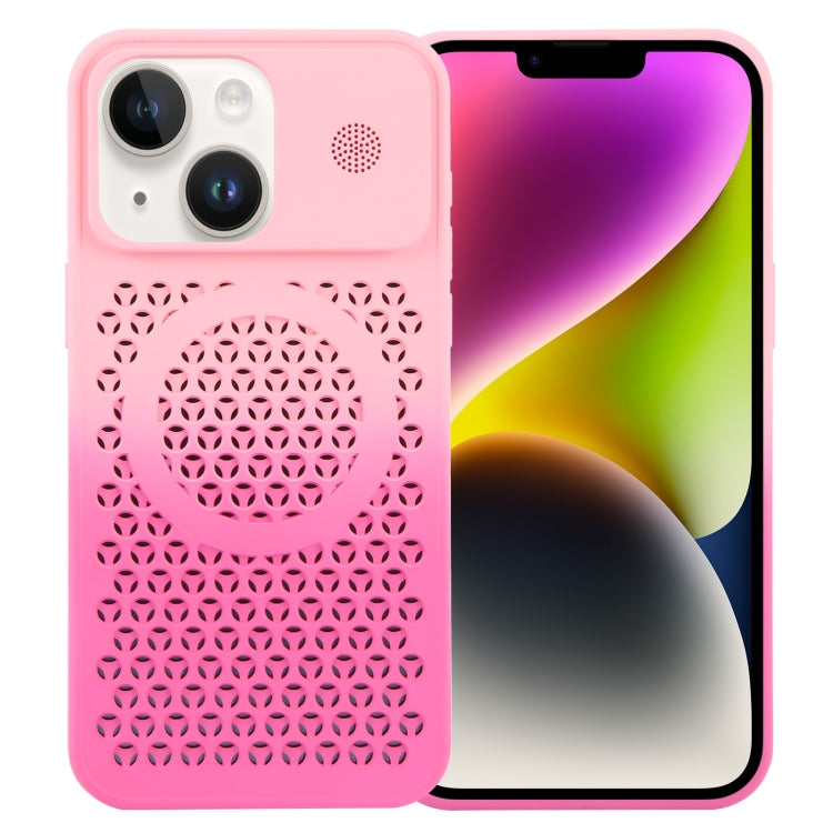 For iPhone 14 Plus Gradient Color Honeycomb Aromatherapy MagSafe Phone Case(Pink+Rose Red) - iPhone 14 Plus Cases by buy2fix | Online Shopping UK | buy2fix