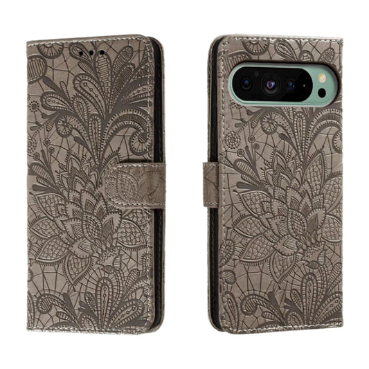 For Google Pixel 9 Lace Flower Embossing Flip Leather Phone Case(Grey) - Google Cases by buy2fix | Online Shopping UK | buy2fix