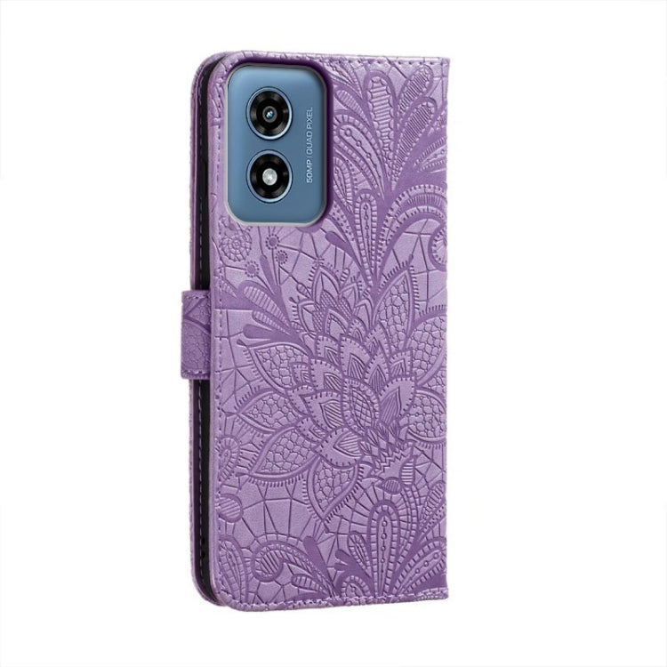 For Motorola Moto G Play 2024 Lace Flower Embossing Flip Leather Phone Case(Purple) - Motorola Cases by buy2fix | Online Shopping UK | buy2fix