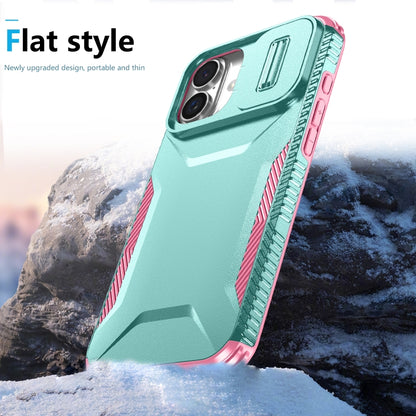 For iPhone 16 Plus Sliding Camshield Phone Case(Grey Green + Pink) - iPhone 16 Plus Cases by buy2fix | Online Shopping UK | buy2fix