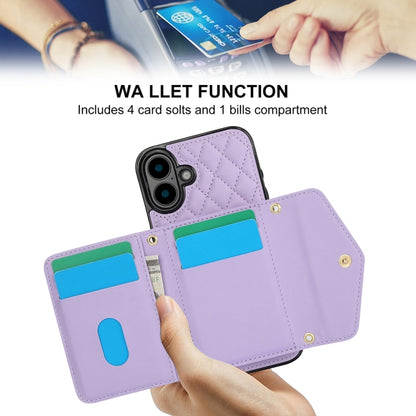 For iPhone 16 Plus Splicing Rhombic Texture Card Bag Phone Case with Long Lanyard(Purple) - iPhone 16 Plus Cases by buy2fix | Online Shopping UK | buy2fix