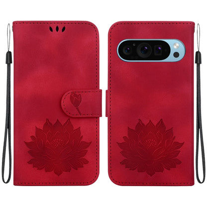 For Google Pixel 9 Pro Lotus Embossed Leather Phone Case(Red) - Google Cases by buy2fix | Online Shopping UK | buy2fix