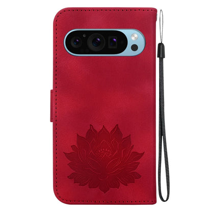 For Google Pixel 9 Pro Lotus Embossed Leather Phone Case(Red) - Google Cases by buy2fix | Online Shopping UK | buy2fix