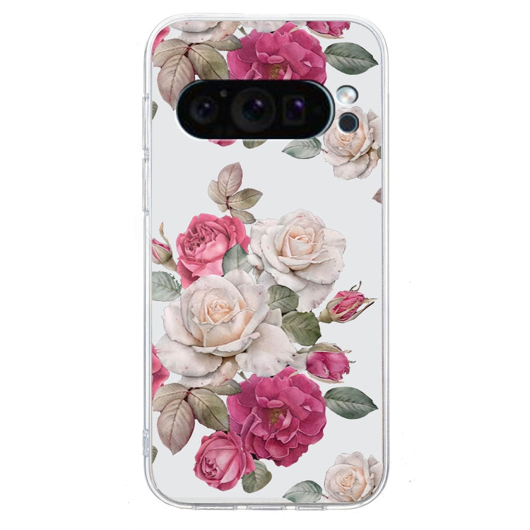 For Google Pixel 9 Colored Drawing Pattern Transparent TPU Phone Case(Peony) - Google Cases by buy2fix | Online Shopping UK | buy2fix