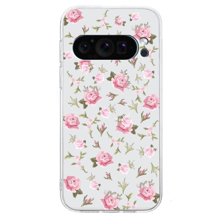 For Google Pixel 9 Pro Colored Drawing Pattern Transparent TPU Phone Case(Pink Floral) - Google Cases by buy2fix | Online Shopping UK | buy2fix