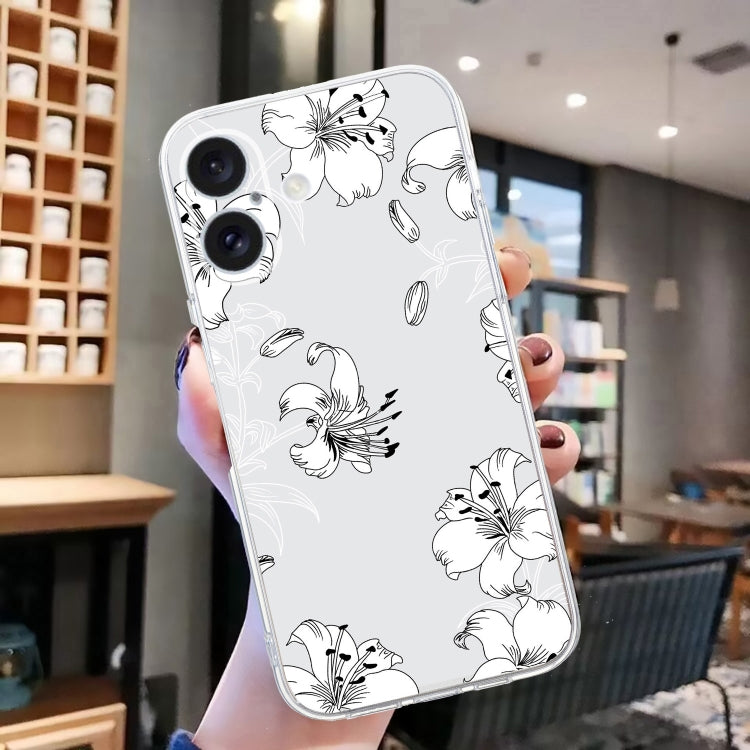 For iPhone 16 Plus Colored Drawing Pattern Transparent TPU Phone Case(White Flower) - iPhone 16 Plus Cases by buy2fix | Online Shopping UK | buy2fix