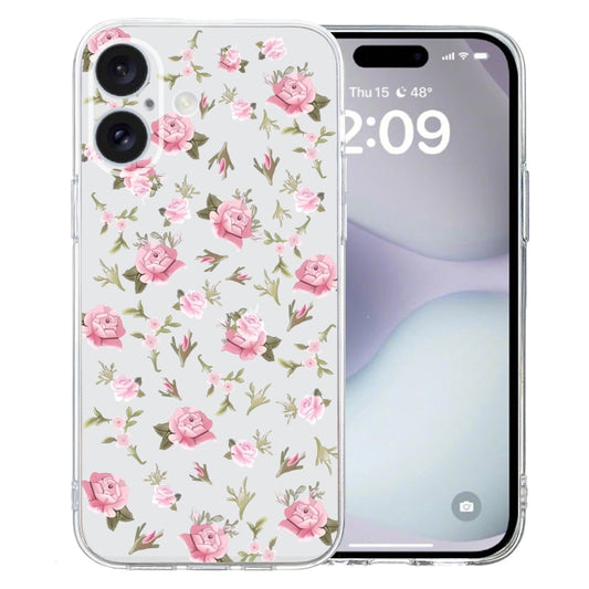 For iPhone 16 Plus Colored Drawing Pattern Transparent TPU Phone Case(Pink Floral) - iPhone 16 Plus Cases by buy2fix | Online Shopping UK | buy2fix