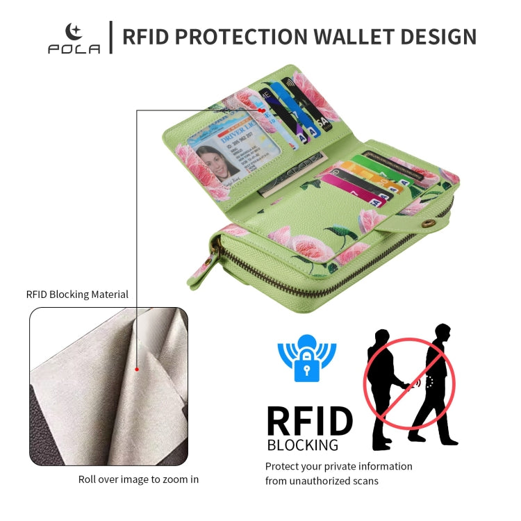 For iPhone 15 Plus POLA MagSafe Flower Multi-functional Zipper Wallet Leather Phone Case(Green) - iPhone 15 Plus Cases by buy2fix | Online Shopping UK | buy2fix