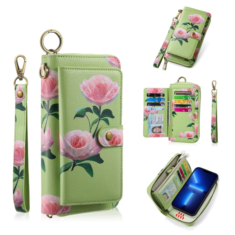 For iPhone 13 Pro POLA MagSafe Flower Multi-functional Zipper Wallet Leather Phone Case(Green) - iPhone 13 Pro Cases by buy2fix | Online Shopping UK | buy2fix