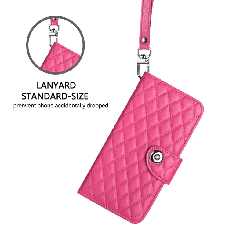 For Blackview A52 Rhombic Texture Flip Leather Phone Case with Lanyard(Rose Red) - More Brand by buy2fix | Online Shopping UK | buy2fix