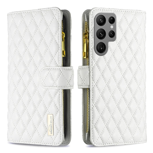 For Samsung Galaxy S25 Ultra 5G Diamond Lattice Zipper Wallet Leather Flip Phone Case(White) - Galaxy S25 Ultra 5G Cases by buy2fix | Online Shopping UK | buy2fix