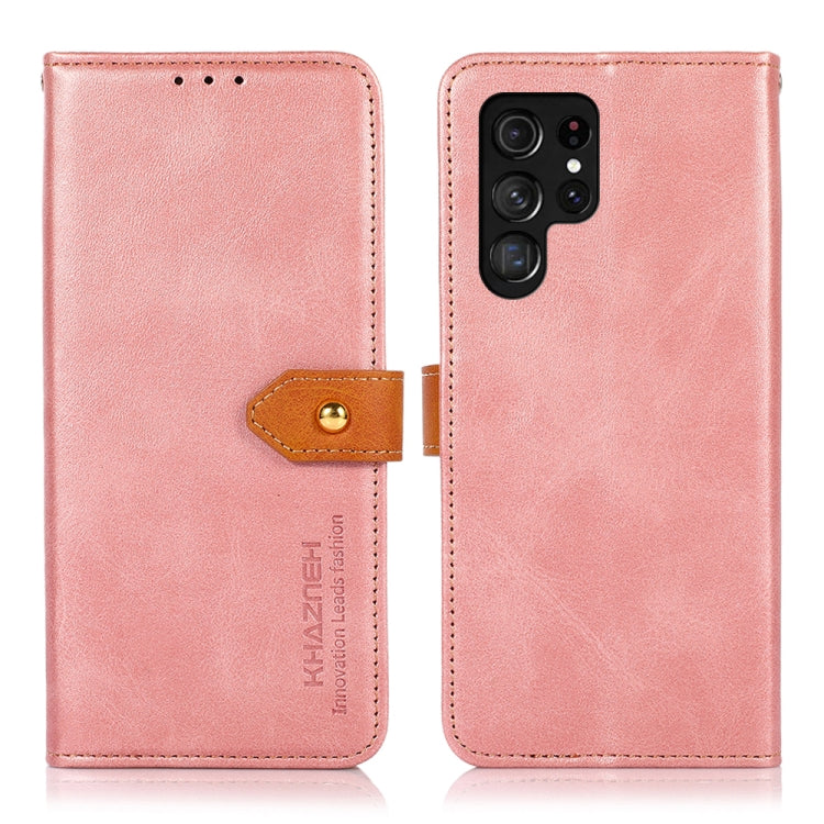 For Samsung Galaxy S25 Ultra 5G KHAZNEH Dual-color Cowhide Texture Flip Leather Phone Case(Rose Gold) - Galaxy S25 Ultra 5G Cases by buy2fix | Online Shopping UK | buy2fix