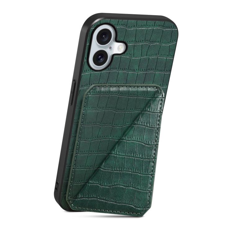 For iPhone 16 Plus Imitation Crocodile Leather Back Phone Case with Holder(Green) - iPhone 16 Plus Cases by buy2fix | Online Shopping UK | buy2fix