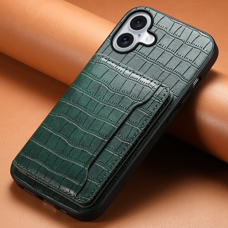 For iPhone 16 Crocodile Texture Card Bag Design Full Coverage Phone Case(Green) - iPhone 16 Cases by buy2fix | Online Shopping UK | buy2fix