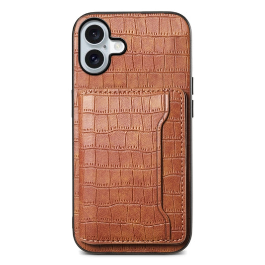 For iPhone 16 Plus Crocodile Texture Card Bag Design Full Coverage Phone Case(Brown) - iPhone 16 Plus Cases by buy2fix | Online Shopping UK | buy2fix