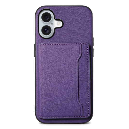 For iPhone 16 Plus Calf Texture Card Bag Design Full Coverage Phone Case(Purple) - iPhone 16 Plus Cases by buy2fix | Online Shopping UK | buy2fix